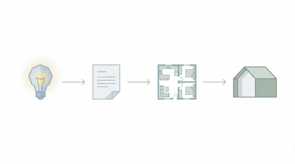 Ideja → projektēšanas uzdevums → projekts → gatava māja.